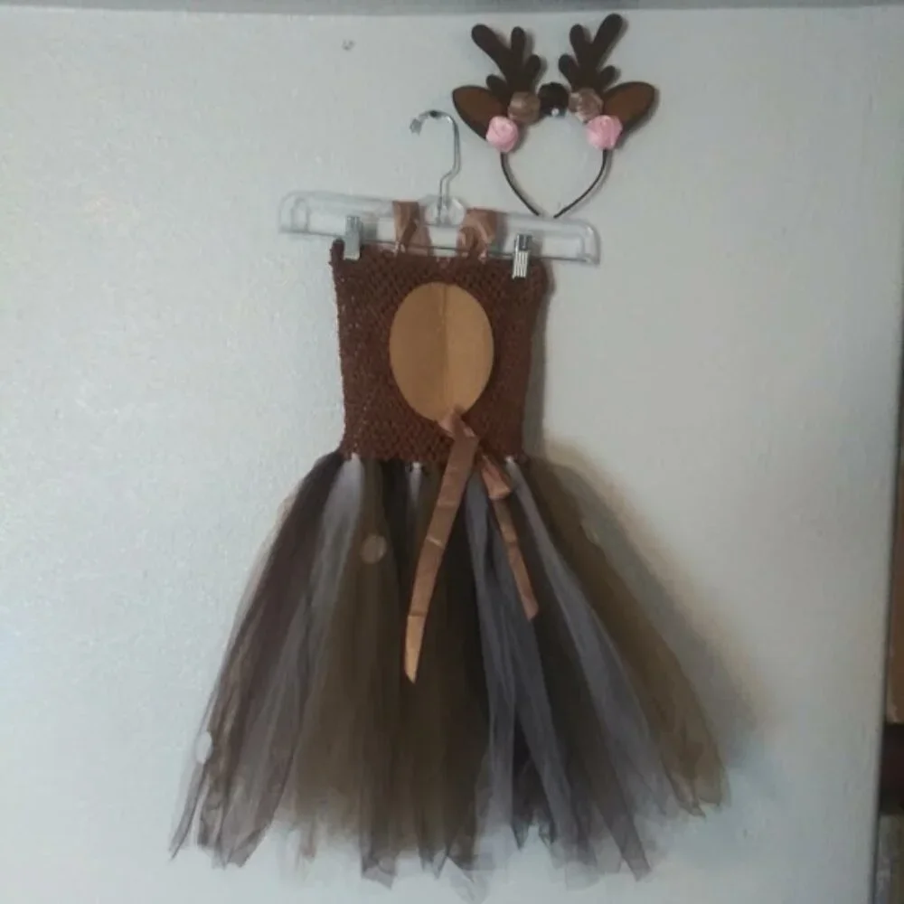 Deer costume girls size 6-10 brown, white and pink tutu dress with headband